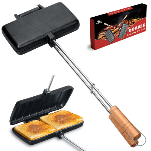 Alytree Double Pie Iron for Camping Cast Iron, Pre-seasoned Cast Iron Campfire Sandwich Maker, Mountain Pie Maker, Portable Campfire Cooking Equipment Camp Cooker