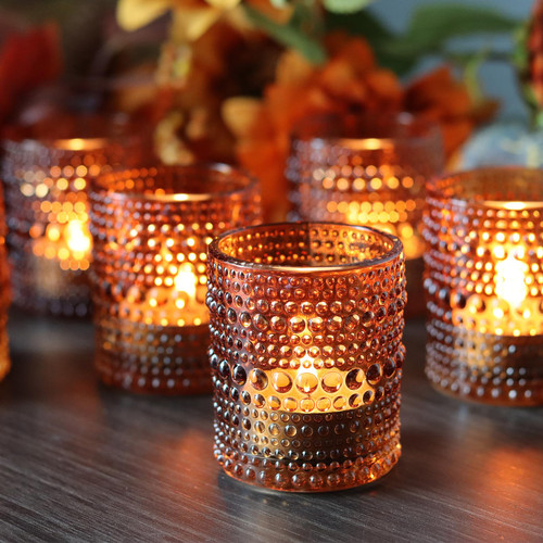 36 PCS Votive Candle Holders Amber Glass Hobnail Tealight Candle Holders for Fall Decor, Halloween, Weddings, Birthday Table Centerpiece Decorations
