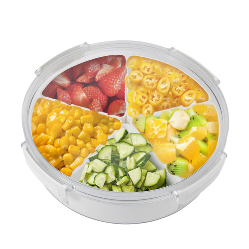 BULKBUY Veggie Tray with Lid - Divided Serving Tray with 5 Compartments, Plastic Party Platter, Fruit & Veggie Tray, Snack Box, Chip and Dip Bowl, Appetizers Container, Fridge Organizer - Round