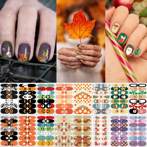 24 Sheets Holiday Nail Wraps Stickers, Halloween Christmas Thanksgiving Day All Seasonal Full Nail Polish Strips, DIY Self-Adhesive Fall Winter Nail Art Decals with 2 Piece Nail Files for Party Decor 24 Sheets Holiday Nail Wraps Stickers, Halloween Christmas Thanksgiving Day All Seasonal Full Nail Polish Strips, DIY Self-Adhesive Fall Winter Nail Art Decals with 2 Piece Nail Files for Party Decor