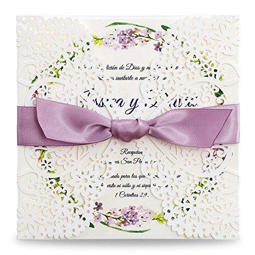 Dream Bulit Square Wedding Invitations Cards Kits Fall Bridal, Baby Shower Invite, Birthday Invitation Wedding Rehearsal Dinner Invites, Autumn Engagement Bach with Purple Bowknot Hollow,50pc (1)