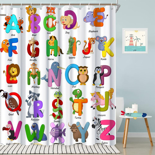 Ruelvth Kids Shower Curtain, Educational ABC Learning Shower Curtain for Bathroom Cute Cartoon Animal Shower Curtain for Boys Girls Waterproof Polyester Shower Curtain Set with Hooks, 72x72 Inch