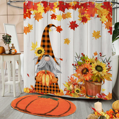 GCIREC Fall Gnomes Shower Curtain, Farmhouse Autumn Pumpkin Harvest Thanksgiving Maple Leaves Bathroom Curtain Home Bathtub Decor Waterproof Fabric Machine Washable with 12 Hooks,72"X72"