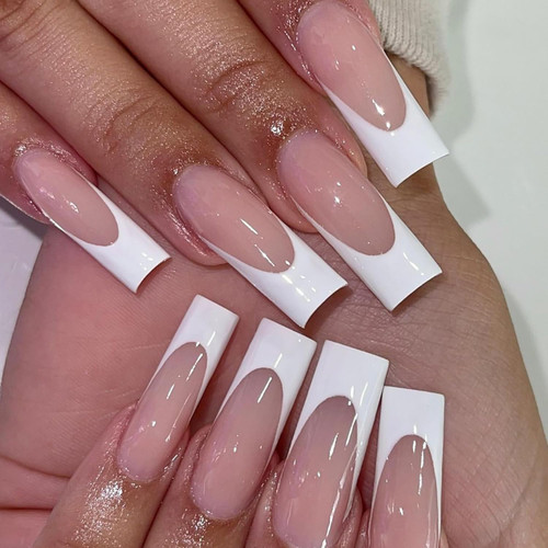 Extra Long Press on Nails French Coffin Fake Nails with Nail Glue Full Cover False Nails with Glossy Designs Acrylic Artificial Coffin Stick on Nails for Women 24Pcs