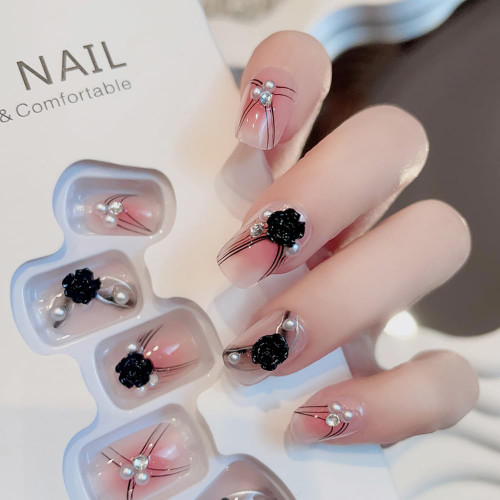 Press on Nails Short Square Fake Nails French Tip with Pink Gradient Full Cover False Nails Flower&Rhinestones Designs Acrylic Glue on Nails Glossy Square Stick on Nails for Women and Girls 24Pcs