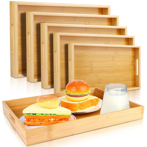 WYTAOHZL 5Pcs Bamboo Trays Serving Food Trays for Serving Food Serving Tray with Handles Rectangular Wooden Serving Tray Set Multipurpose Wood Serving Tray for Breakfast Lunch Dinner Desktop Parties