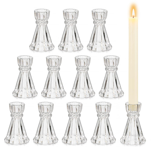 Glass Candle Holder Candlestick Holders: Hewory 12 Pcs Clear Taper Candle Holders for Candlesticks, Crystal Ribbed Candle Stick Holder for Wedding Table Centerpiece Kitchen Home Decor
