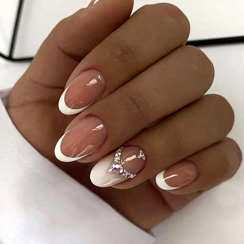 Short Press on Nails Almond Shaped Fake Nails Nude False Nails with Bling Rhinestones Designs Acrylic Artificial Nails Full Cover Glossy Glue on Nails French White Tip Nails for Women Short Press on Nails Almond Shaped Fake Nails Nude False Nails with Bling Rhinestones Designs Acrylic Artificial Nails Full Cover Glossy Glue on Nails French White Tip Nails for Women