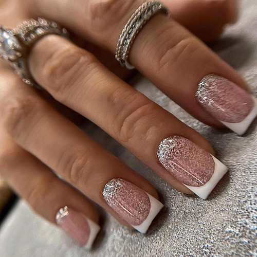 French Tip Press on Nails Pink False Nails Short Square Fake Nails with Glitter Designs Acrylic Nails White Tip Stick on Nails Full Cover Glossy Artificial Nails for Women 24Pcs French Tip Press on Nails Pink False Nails Short Square Fake Nails with Glitter Designs Acrylic Nails White Tip Stick on Nails Full Cover Glossy Artificial Nails for Women 24Pcs