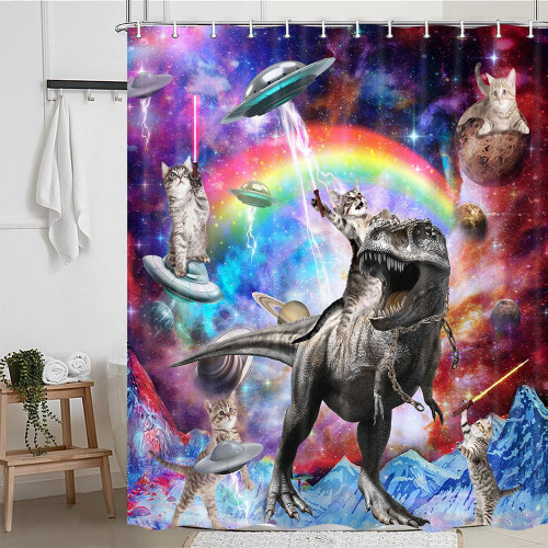 Funny Cat Shower Curtain, Kids Cat Riding Dinosaur Shower Curtain, Fun Cute Unique Galaxy Hilarious Anime Shower Curtain for Bathroom, Outer Space Boys Girls Kids Shower Curtain with Hooks,70X70in