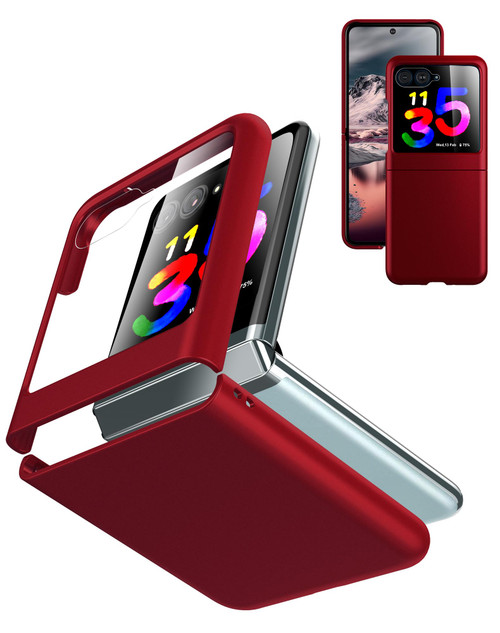 Cresee Case for Motorola Razr Plus 2023 (Razr+ 2023) with External Screen Protector Thin Hard PC Cover Phone Case for Moto Razr+ 2023 - Red+Glass
