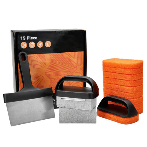 Griddle Cleaning Kit for Blackstone, 15-Pieces Flat Top Grill Accessories Cleaner Tool Set - Scraper, Cleaning Brick, Scouring Pads, and Cleaning Handles, Easy Cleaning on Hot or Cold Surfaces Griddle Cleaning Kit for Blackstone, 15-Pieces Flat Top Grill Accessories Cleaner Tool Set - Scraper, Cleaning Brick, Scouring Pads, and Cleaning Handles, Easy Cleaning on Hot or Cold Surfaces