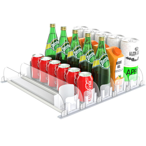 Drink Organizer for Fridge: Self Pushing Soda Can Dispenser for Refrigerator with Double Spring Beverage Pusher Glide Width Adjustable Soda Can Organizer for Kitchen Pantry White 5 Rows