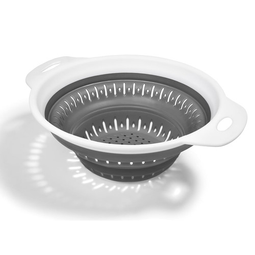 Collapsible Colander BPA Free Silicone Food Strainer with Plastic Handles Vegetable and Fruit Kitchen Draining Pasta Foldable Strainer Colander Dishwasher Safe 3 Quart Gray