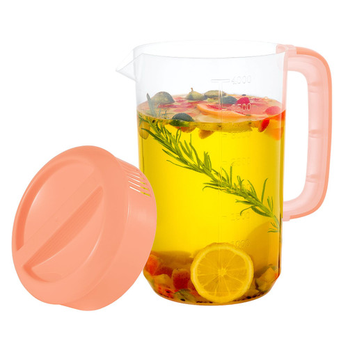 PARBEE 1 Gallon Plastic Tea Pitcher, Fridge Water Carafe Jug, Straining Iced Tea Pitcher with Spout, Lemonade Juice Beverage Container with Strainer Lid, Handle and Measurement, Pink