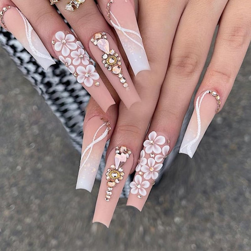 Pink Press on Nails Long Fake Nails French Tip False Nails Coffin Acrylic Nails Flower Design Stick on Nails Rhinestones Design Glue on Nails for Women 24pcs