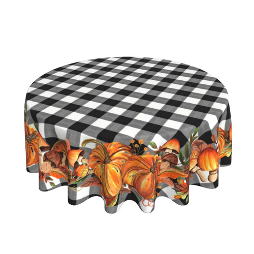 Fall Tablecloth Round 60 Inch Black White Buffalo Plaid Table Cloth,Stain Resistance Polyester Thanksgiving Day Pumpkin Harvest Table Covers for Kitchen Dining,Small Tablecloth for Party Picnic
