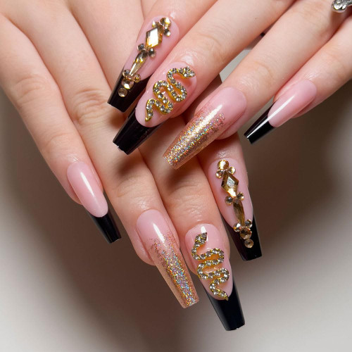 Medium Press on Nails French Tip Acrylic Nails Coffin Glossy Fake Nails with Rhinestone Design Glue on Nails White Tip False Nails Pink Stick on Nails Ballerina Artificial Nails for Women