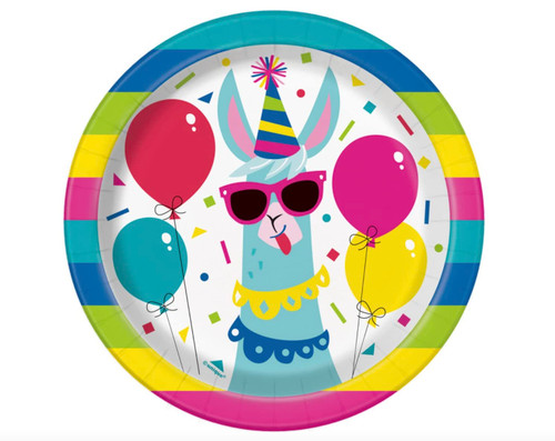 Unique Round Dessert Paper Plates - 7" | Llama Birthday | 8 Pcs