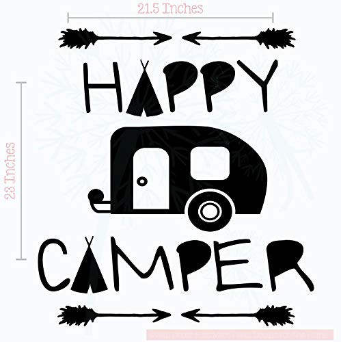 Happy Camper Camper RV Decals - Vinyl Camper Decals - Indoor Decals for RV Trailers - RV Camper Decals Sayings for Wall Decor - Die-Cut Vinyl Graphics for RV -23"W x 21.5"H Blk