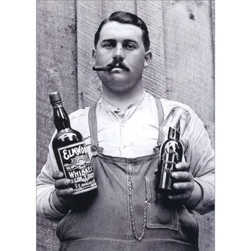 Avanti Press Man Holding Whiskey and Beer Bottles Vintage Photo America Collection Funny Birthday Card for Him / Man