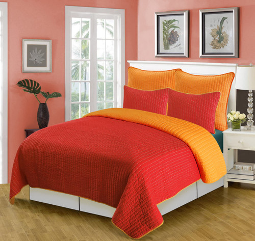 Fiesta - 3pc Twin Quilt Set, Reversible Quilt Set (Twin, Red/Orange)