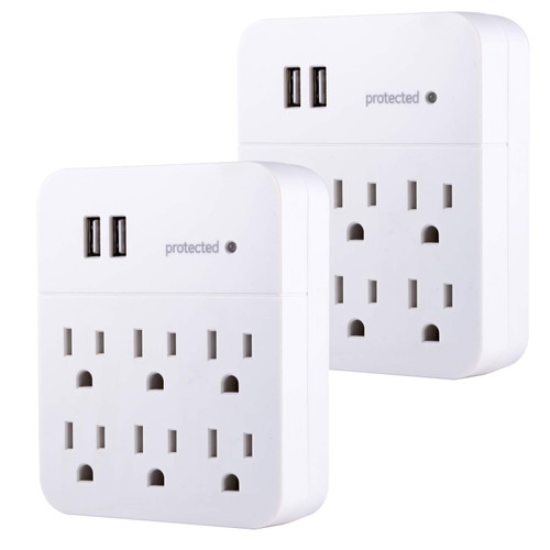 GE 6-Outlet Extender Surge Protector with 2 USB Ports, 2 Pack, Charging Station, Wall Tap Adapter, Protected Indicator Light, 3-Prong, 560 Joules, 2.1 AMP/10 Watt, UL Listed, White, 53871