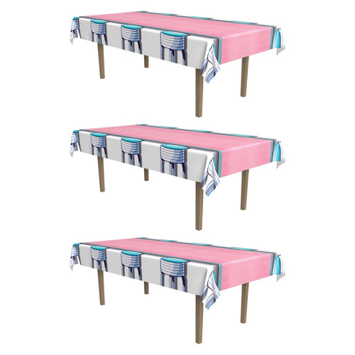 Beistle 3 Piece 50's Theme Soda Shop Tablecovers, 54" x 108" - Retro Sock Hop 1950's Party Decorations, Celebrating with You Since 1900