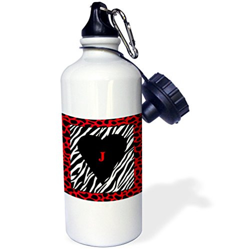 3dRose wb_62070_1"Red Letter J On Black Heart Inside Zebra Print" Sports Water Bottle, 21 oz, White
