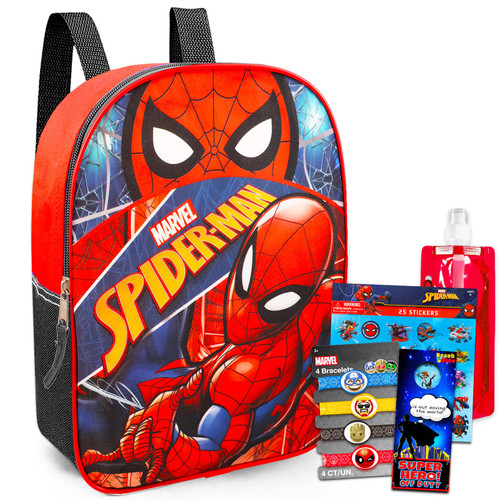 Spiderman Mini Backpack Set - Bundle with 11" Spiderman Backpack for Boys 4-6, Spiderman Stickers, Avengers Bracelet, Water Bottle, More | Marvel Backpack