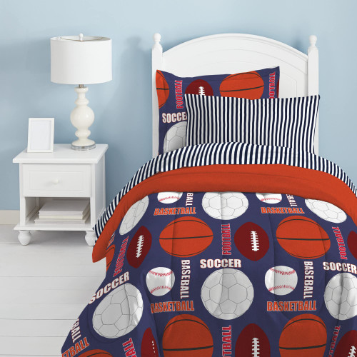 dream FACTORY Kids 7-Piece Complete Set Easy-Wash Super Soft Microfiber Comforter Bedding, Full, Navy All Sports