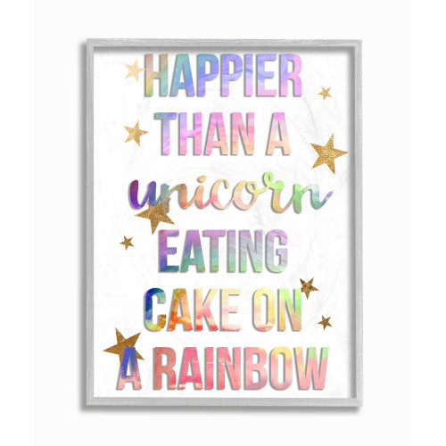 Stupell Industries Happier Than Unicorn Eating Cake on Rainbow Quote, Designed by Daphne Polselli Wall Art, 16 x 20, Grey Framed