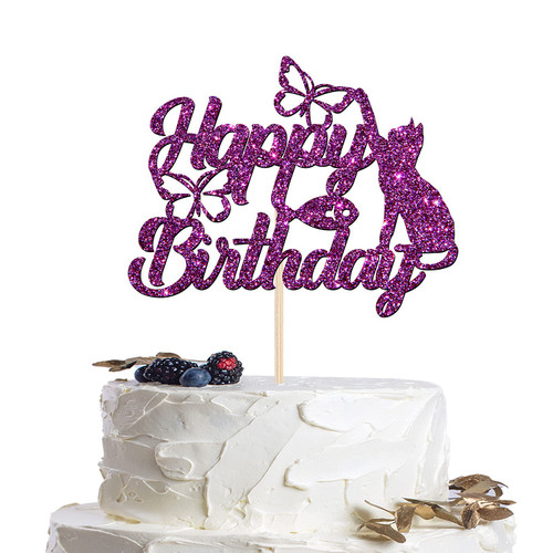 QUEOOGOU Glitter Purple Happy Birthday Cake Topper with Cat, Baby Shower / Kid 's 1st 2nd 3rd Decors, Kitten Sign, , Cute Animal Theme Cartoon Party Supplies for Boy or Girl