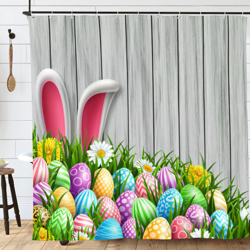 Abaysto Easter Shower Curtains for Bathroom, Waterproof Spring Festival Rabbit Ear and Easter Eggs in Grass and Flower Easter Shower Curtains for Bathroom 12 Hooks Included, 72"x72"