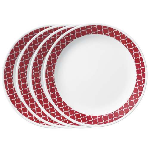 Corelle Vitrelle 4-Pieces 10.25" Glass Dinner Plates, Chip & Crack Resistant Glass Dinnerware Set Plates, Crimson Trellis