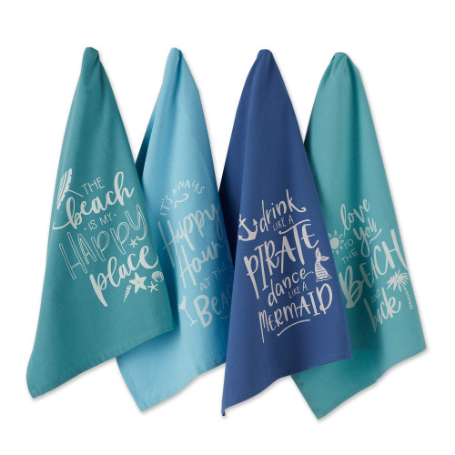 DII Fouta Beach House Vibes Collection Kitchen Linens, Assorted Printed Dishtowel Set, Happy Place, 4 Piece