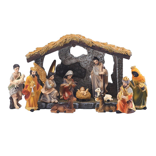 1PCS Nativity Set with Figures, Nativity Stable Holy Birth Set, Includes The holy Family, Three Kings, Shepherd, ox and Sheep, 3.34 in. high, Resin and Stone, Decorative Figures