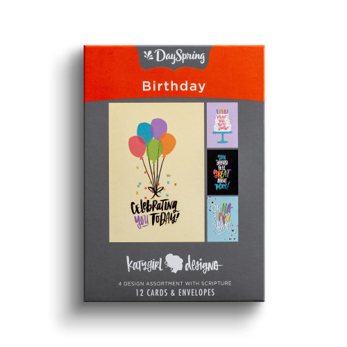 DaySpring - Katygirl Designs - Celebrating You Today - 4 Design Assortment with Scripture - 12 Boxed Birthday Cards & Envelopes (J7442)