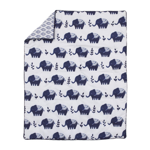 NoJo Indigo Hues Blue and White Elephant 4 Piece Nursery Crib Bedding Set - Comforter, 100% Cotton Fitted Crib Sheet, Dust Ruffle, Super Soft Baby Blanket