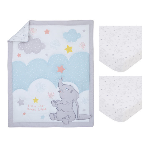 Disney Dumbo Shine Bright Little Star White, Gray, and Aqua Cloud 3 Piece Nursery Mini Crib Bedding Set - Comforter and Two Fitted Mini Crib Sheets