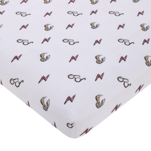 Warner Brothers Harry Potter White, Red, and Gold Lightning Bolt, Golden Snitch and Glasses Nursery Fitted Mini Crib Sheet