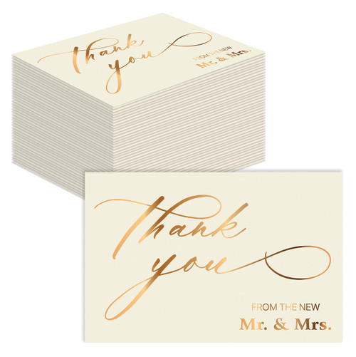 Better Office Products 50 Pack Wedding Thank You Cards in Metallic Gold with Envelopes, Thank You From The New Mr and Mrs, 4 x 6 Inch, Blank Cards, 50 Count Boxed Set