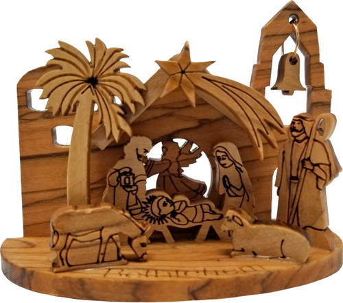 Logos Trading Post Holy Land Olive Wood Christmas Nativity Scene Ornament from Israel, Manger Grotto Scene Complete with Shepherd, Sheep, and Angel, Wooden Ornament from Bethlehem - Medium