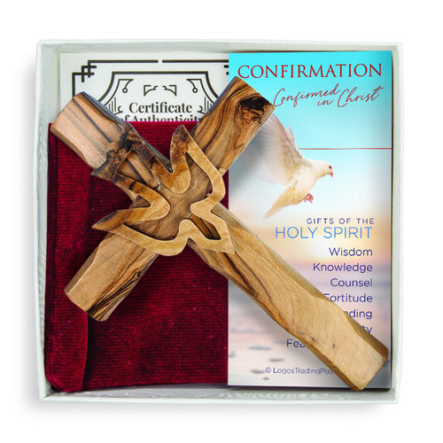 Holy Spirit Dove Confirmation Sacrament Cross, Boxed Gift Set with Certificate of Authenticity, Prayer Card, & Velvet Pouch, for Boys & Girls, Catholic & Christian Holy Land Olive Wood from Israel Holy Spirit Dove Confirmation Sacrament Cross, Boxed Gift Set with Certificate of Authenticity, Prayer Card, & Velvet Pouch, for Boys & Girls, Catholic & Christian Holy Land Olive Wood from Israel