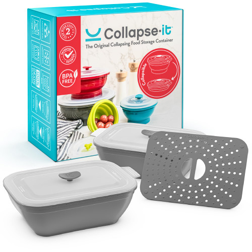 Collapse-it (2) 6-Cup Silicone Vegetable Steamers - Collapsible Microwave Safe Cookware Great for Cooking Vegetables - Compact Kitchen Veggie Steamer - Microwaveable Food Containers (Gray)