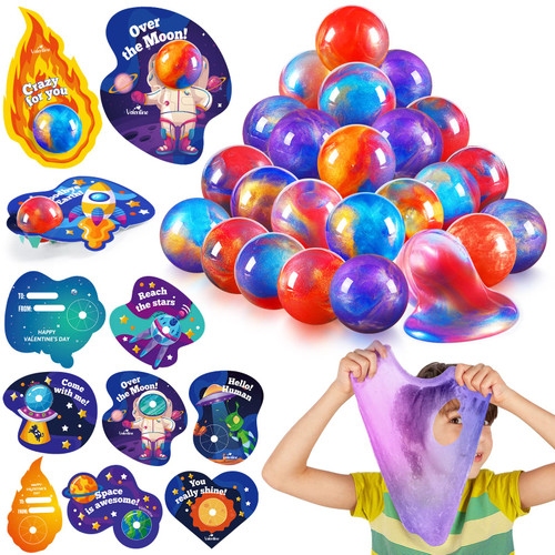 32 Pack Valentines Day Gifts for Kids Galaxy Slime Ball Kits with Cards Valentine Party Favors Valentines Cards for Kids Classroom Exchange Gifts School Game Prizes for Boys Girls