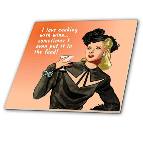 3dRose Funny Retro Girl- Cooking with Wine - Ceramic Tile, 12-Inch (ct_219493_4)