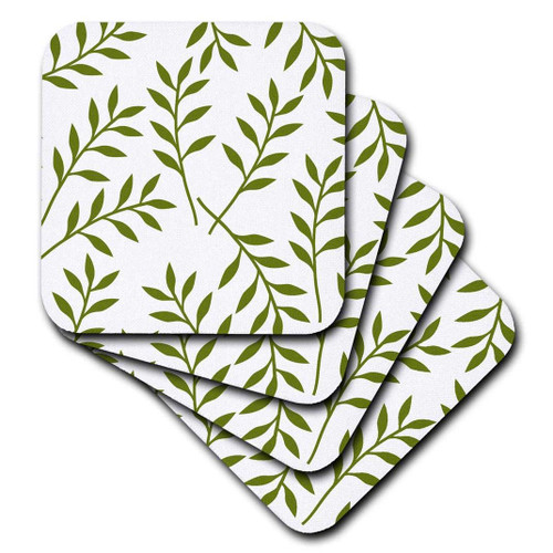 3dRose Olive Green and White Chic Leaves - Ceramic Tile Coasters, Set of 4 (CST_164483_3)