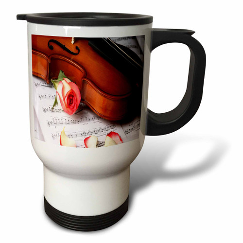 3dRose Print of Violin and Rose On Sheet Music-Travel Mug, 14 oz, Stainless Steel, White