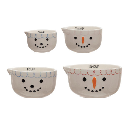 Creative Co-Op Stoneware Snowman Face, Set of 4 Measuring Cups, Cream, 4